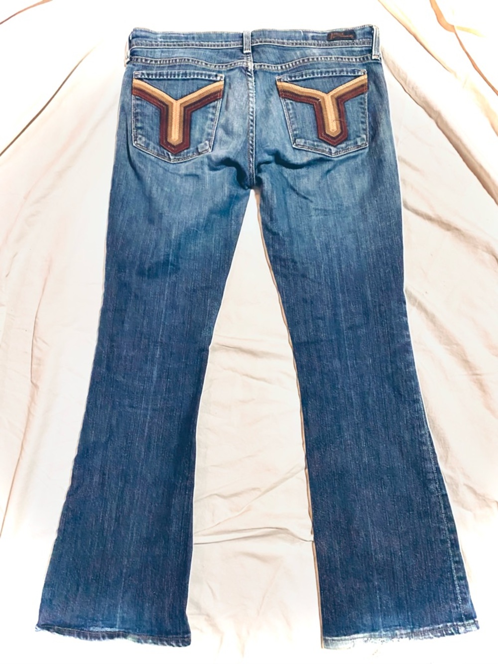 Oasis Blue Flare Jeans with Multicolor Chevron Pocket Trim